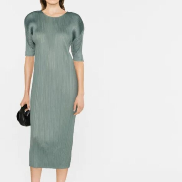 Pleats Please Issey Miyake Short-sleeved Midi Dress Moss Green Size 3 - Picture 1 of 7